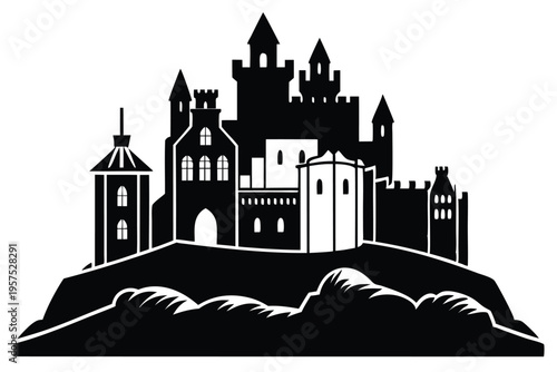 irish castle silhouette line art vector illustration