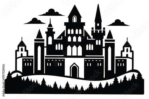 irish castle silhouette line art vector illustration