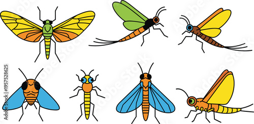 Insect Vector Set Featuring Dragonfly, Mosquito, Fly and Bug Species in Colorful Flat Cartoon Style for Nature, Biology and Wildlife Illustration