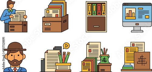 Office Document Management Vector Icon Set Featuring Filing System, Paperwork, Archives, Reports, Employee, Computer Dashboard and Organized Workspace Elements