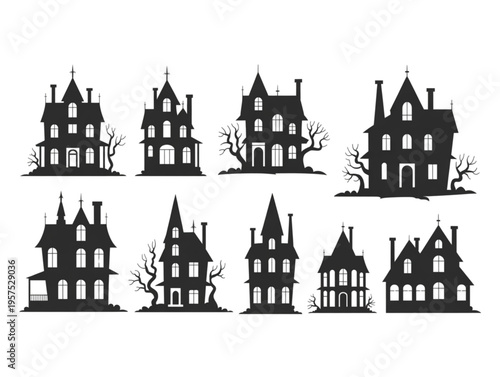 Spooky haunted house silhouette collection with gothic mansions, creepy dead trees, and dark Victorian horror buildings