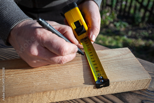 measuring, tape measure, wood, board, timber, carpentry, DIY, construction, worker, hand, marking, pen, precision, workshop, renovation, building, manual work, craftsman, joinery, tool, woodwork, work