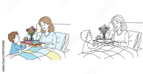 Happy boy serving breakfast in bed to his mother for Mother's Day celebration, cartoon illustration and line art coloring page set of family morning care and love