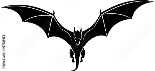 Black dragon with outstretched wings flying