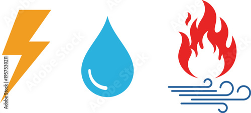 Orange lightning bolt blue water drop red fire and blue wind electricity energy
