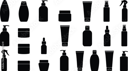 Cosmetic Container Silhouette Set Featuring Bottles Tubes Jars Pumps and Spray Dispensers for Skincare Beauty Packaging Design Collection
