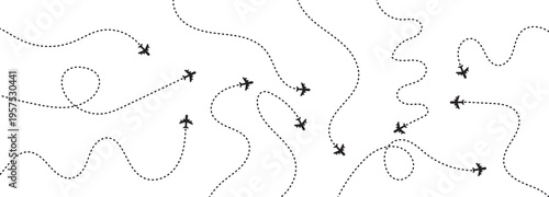 Airplane line path icon of air plane flight route dash line trace with start point. Airplane dashed route path. Vector illustration.