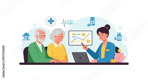 Senior Couple Retirement Financial Planning. Advisor Discusses Health, Savings & Investment Strategy with Elderly Clients. Pension & Healthcare Futures.