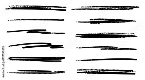 Grunge charcoal strokes and thick pencil lines. Black ink textured scribbles and rough hatches isolated on white. Vector hand drawn elements for distressed design, underline and creative accents.