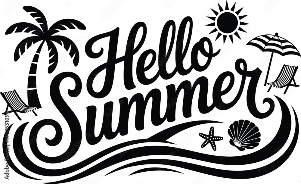 Obraz premium Hello summer beach vector illustration with palm tree sun waves seashell and deck chair silhouette for seasonal vacation travel design