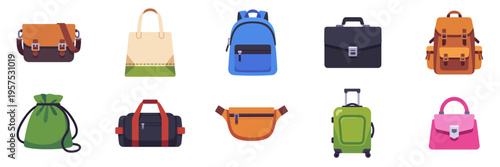 Set of bag icons, backpack, suitcase, duffel, messenger bag, colorful collection with vector flat illustrations