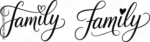 Elegant Family Script Hand Lettering with Heart Details Isolated on White for Home Decor Wall Art Gifts and Genealogy Projects