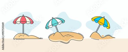 Beach umbrella on sand dunes flat line art illustration set