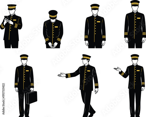 Hotel doorman silhouette set, uniformed porter and concierge poses collection, hospitality service staff gestures, black isolated vector illustration, luxury hotel entrance and customer service concep