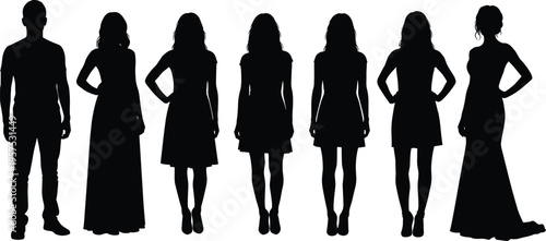 People silhouette set, men and women standing collection in formal and casual outfits, full body poses, black isolated vector illustration, fashion and character design concept