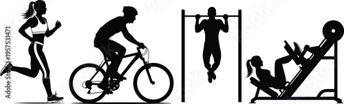 Fitness activity silhouette set, running cycling pull up and weight training poses, healthy lifestyle concept, gym workout collection, black isolated vector illustration, sport and exercise theme