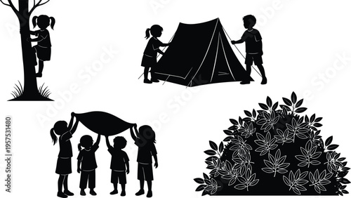 Children silhouette set, kids outdoor activities collection with camping playing and climbing poses, childhood adventure concept, black isolated vector illustration, nature and fun lifestyle theme