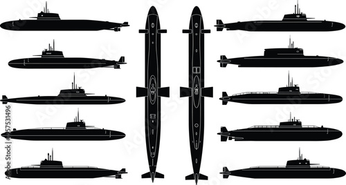 Submarine silhouette set, military naval vessel collection, underwater warship profiles from different angles, defense and maritime concept, black isolated vector illustration, navy fleet design