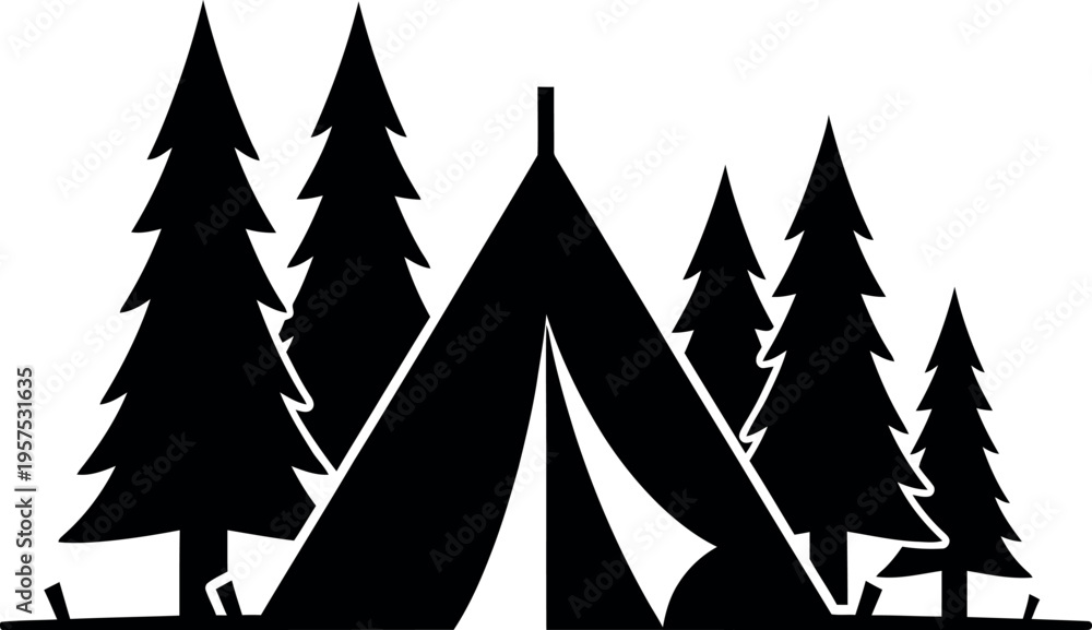Obraz premium Black tent among pine trees camping