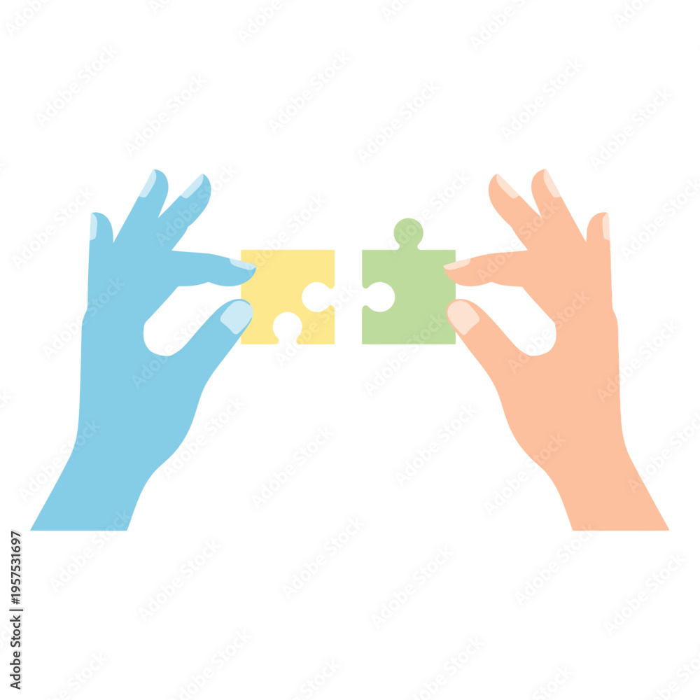 Obraz premium Hands connecting puzzle pieces: collaboration, teamwork, solution, ideas, connection