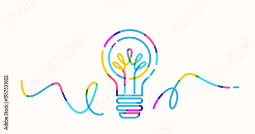 Idea light bulb vector illustration. Colorful dash line art represent creativity, innovation, brainstorming. Minimal concept for business success, bright thoughts. Isolated on white background