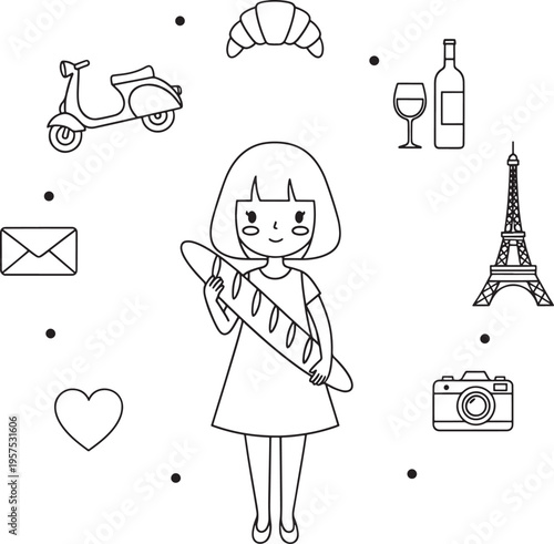 Charming cartoon illustration of a young woman holding a baguette surrounded by iconic parisian symbols like eiffel tower