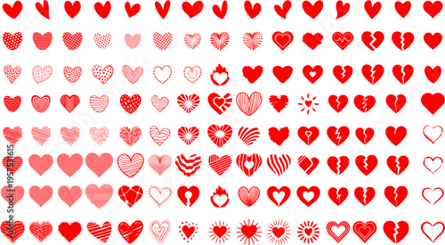 Large Collection of Red Heart Icons and Shapes Isolated on White Background for Valentine's Day Wedding Design and Romantic Projects