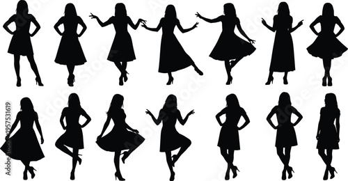 Woman silhouette set, female poses collection in dresses, fashion model gestures, elegant standing and dancing positions, black isolated vector illustration, beauty and style concept
