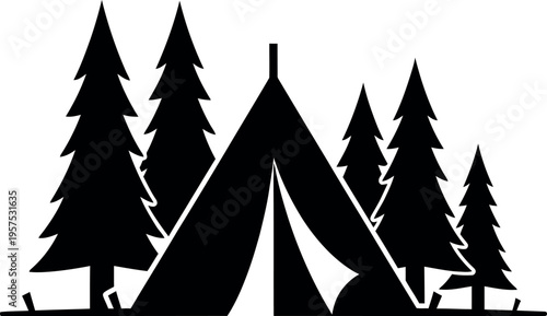 Black tent among pine trees camping