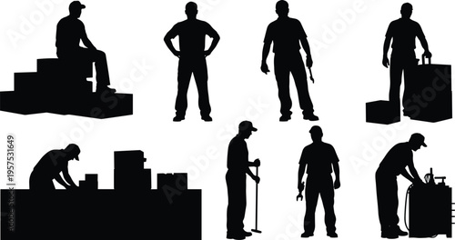 Construction worker silhouette set, industrial laborers collection with tools and equipment, builder poses, maintenance and repair concept, black isolated vector illustration, workforce industry pack