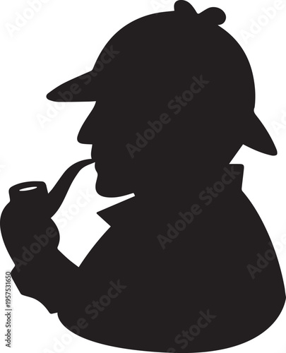 Silhouette of a classic detective wearing a deerstalker hat and holding a smoking pipe Vector, illustration