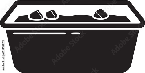 Black and white illustration of a rectangular food container with sushi inside