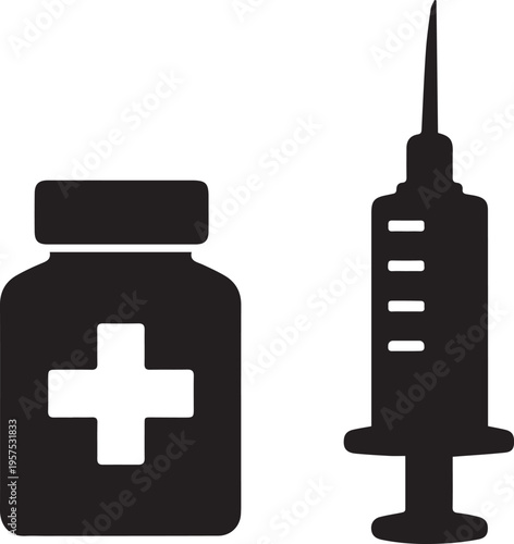 Black and white icon of a medicine bottle with a cross symbol and a medical syringe needle. Vector, illustration