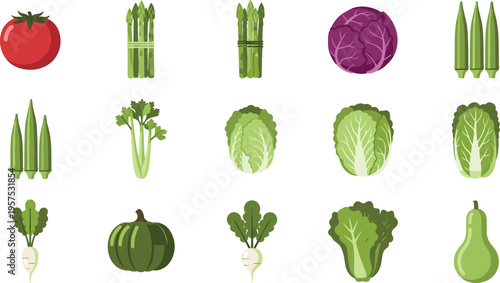Modern Vegetable Icon Set Featuring Tomato Asparagus Red Cabbage Lettuce Pumpkin and Radish with Blue Outlines for Grocery Apps Digital Menus and Healthy Lifestyle Designs