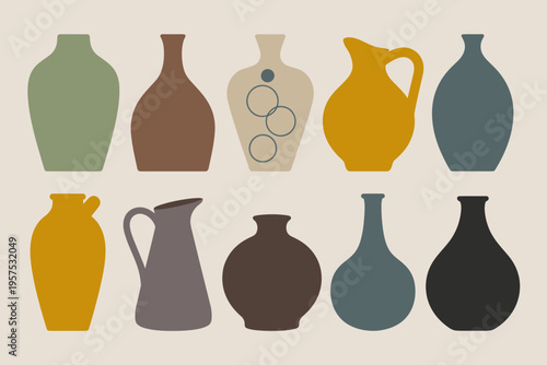 Collection of minimalist ceramic vases and jugs in muted earthy tones pottery