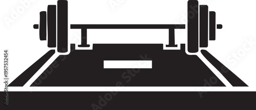 Black and white illustration of a weightlifting barbell and platform