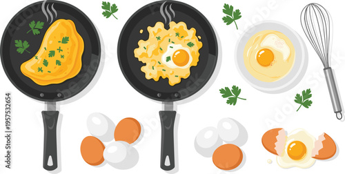 Delicious Scrambled Eggs and Omelet Breakfast Cooking Vector Set with Frying Pans, Fresh Raw Eggs, Kitchen Whisk, and Green Garnish Herbs