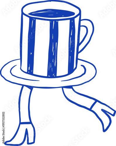Hand drawn cartoon tea and coffee cup character. Cafe, bakery and patisserie doodles series for logos, signs and menus.