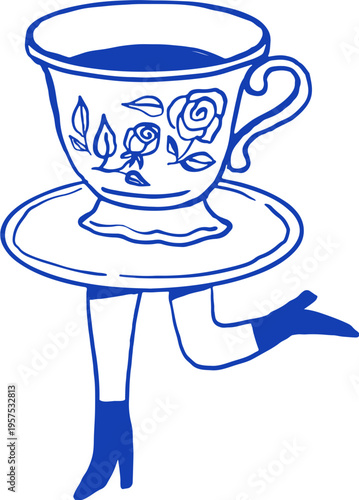 Hand drawn cartoon tea and coffee cup character. Cafe, bakery and patisserie doodles series for logos, signs and menus.
