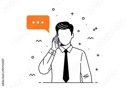 Businessman talking on phone with speech bubble and symbols around him
