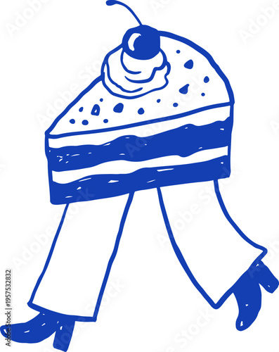 Hand drawn cake slice cartoon character. Cafe, bakery and patisserie doodles series for logos, signs and menus.