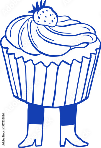 Hand drawn cartoon cupcake character. Cafe, bakery and patisserie doodles series for logos, signs and menus.