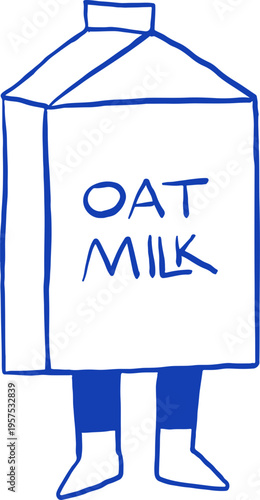 Hand drawn oat milk carton box cartoon character. Cafe, bakery and patisserie doodles series for logos, signs and menus.