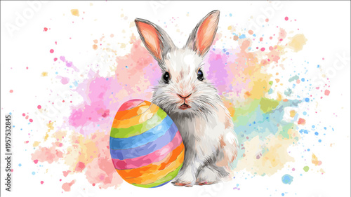 White rabbit holding colorful Easter egg, watercolor splash background. White rabbit holding a brightly striped Easter egg against a vibrant watercolor splash background