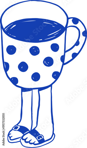 Hand drawn cartoon tea and coffee cup character. Cafe, bakery and patisserie doodles series for logos, signs and menus.