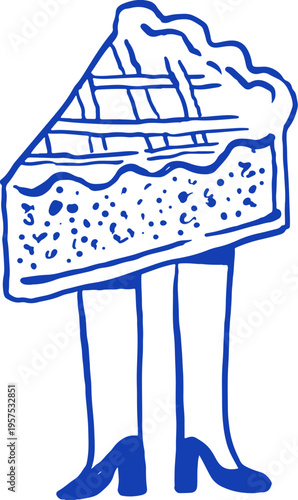 Hand drawn cheesecake slice cartoon character. Cafe, bakery and patisserie doodles series for logos, signs and menus.