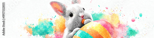 White rabbit holding colorful Easter egg, watercolor splash background. White rabbit holding a brightly striped Easter egg against a vibrant watercolor splash background