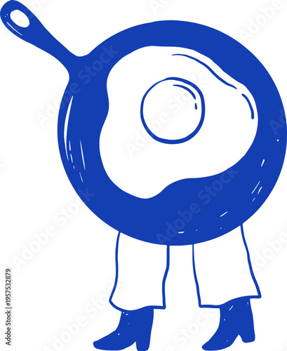 Hand drawn cartoon fried egg in pan character. Cafe, bakery and patisserie doodles series for logos, signs and menus.