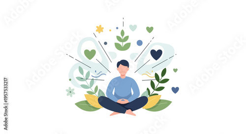 Mindful Meditation & Wellness Illustration: Person Practicing Yoga for Inner Peace, Mental Health, and Stress Relief Surrounded by Nature Elements