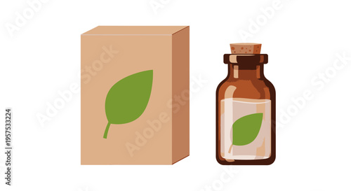 Herbal Essence Bottle and Packaging Box with Leaf Design - Natural Organic Skincare Product Concept Illustration